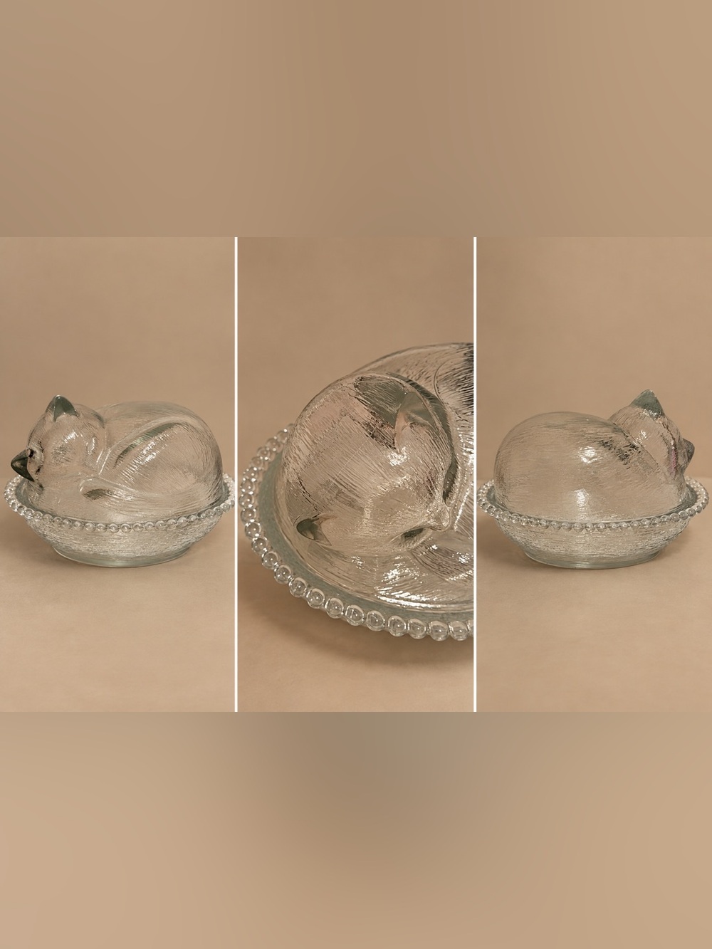 Vintagw Indiana Glass Sleeping Cat On A Nest Covered Dish 7”